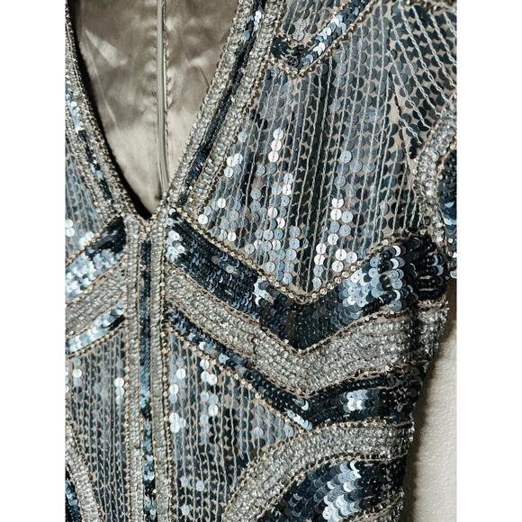 Parker Gray Silver & Rose Gold Sequin Aztec Print V-Neck Cap Sleeve Mini Dress S - Picture 6 of 13